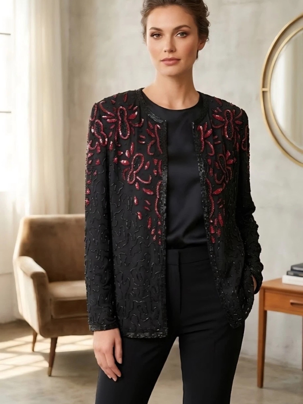 VTG AP Ltd Beaded Embellished Silk Evening Jacket Black.Red Women's Sz L Glam